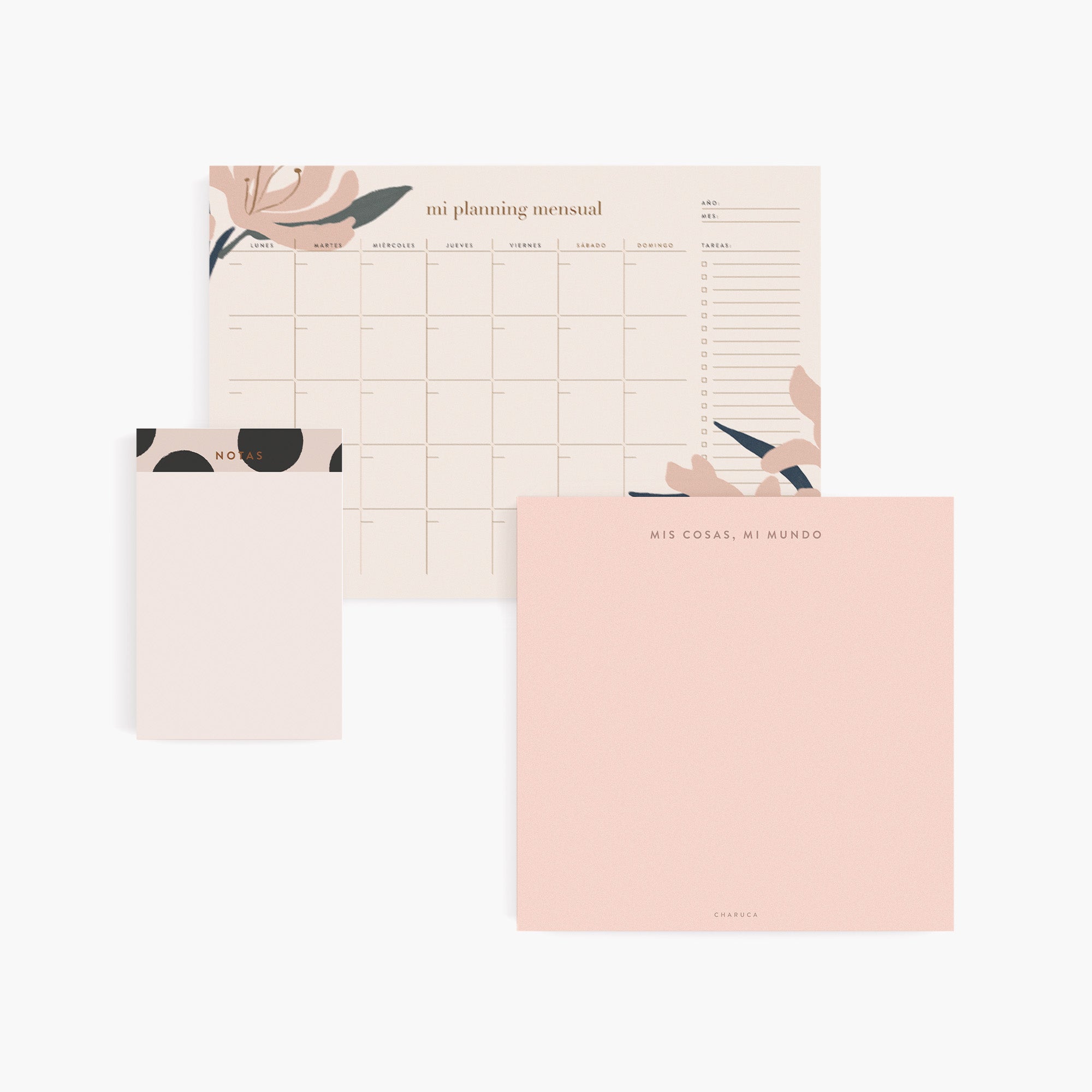 Pack: 1 planificador (mes o semana) + 1 bloc de notas + 1 bloc "mis cosas, mi mundo".