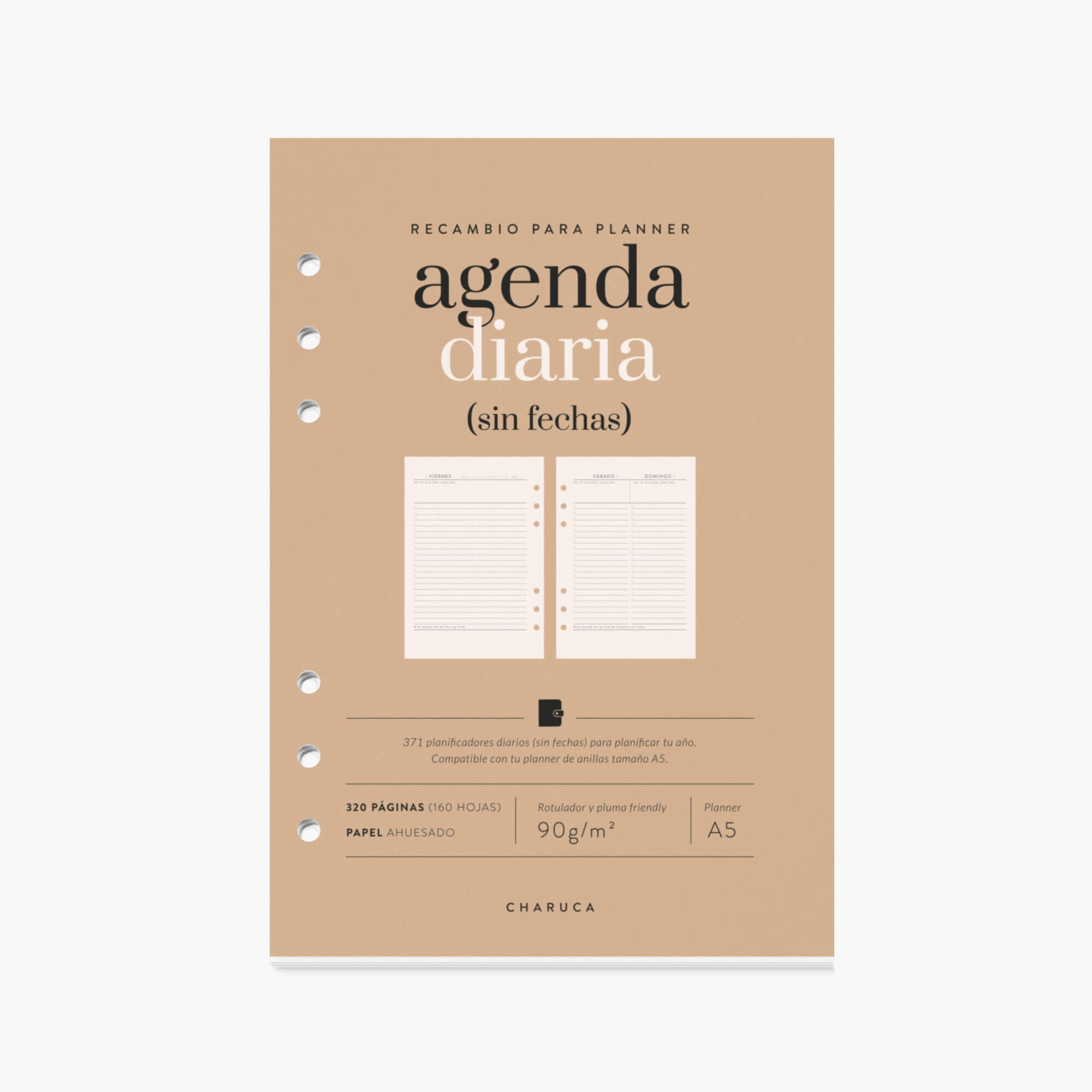Recambio agenda vista diaria. Sin fechas. A5.