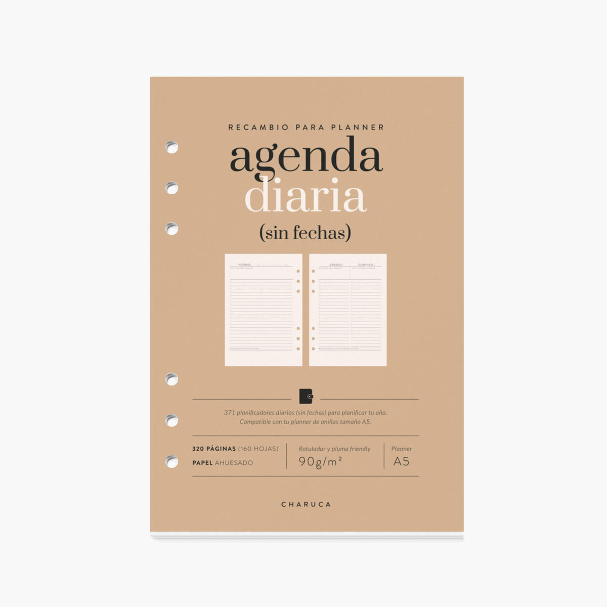 Recambio agenda vista diaria. Sin fechas. A5.