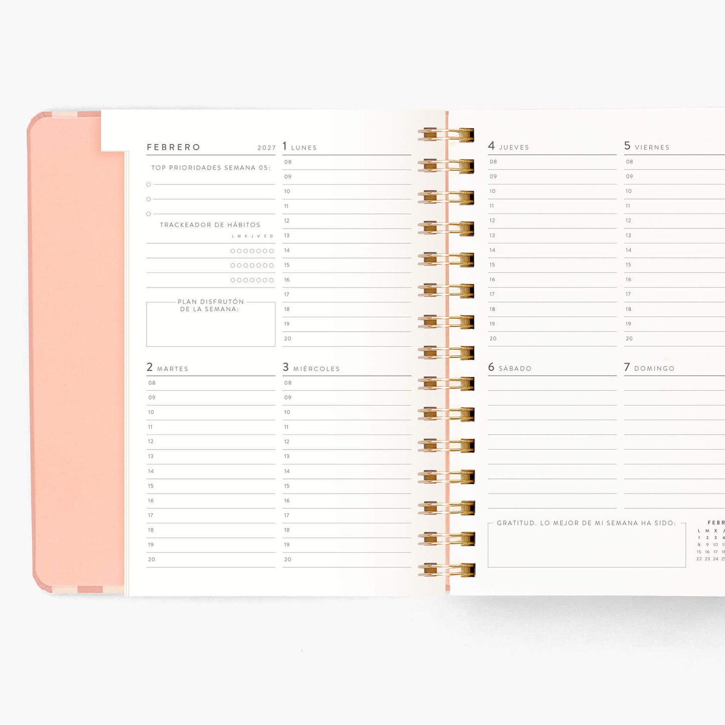 Agenda Semanal 2027. Espiral cubierta. Panamera Pink. Mediana.
