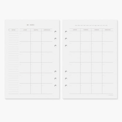Recambio agenda mensual. Sin fechas. A5.