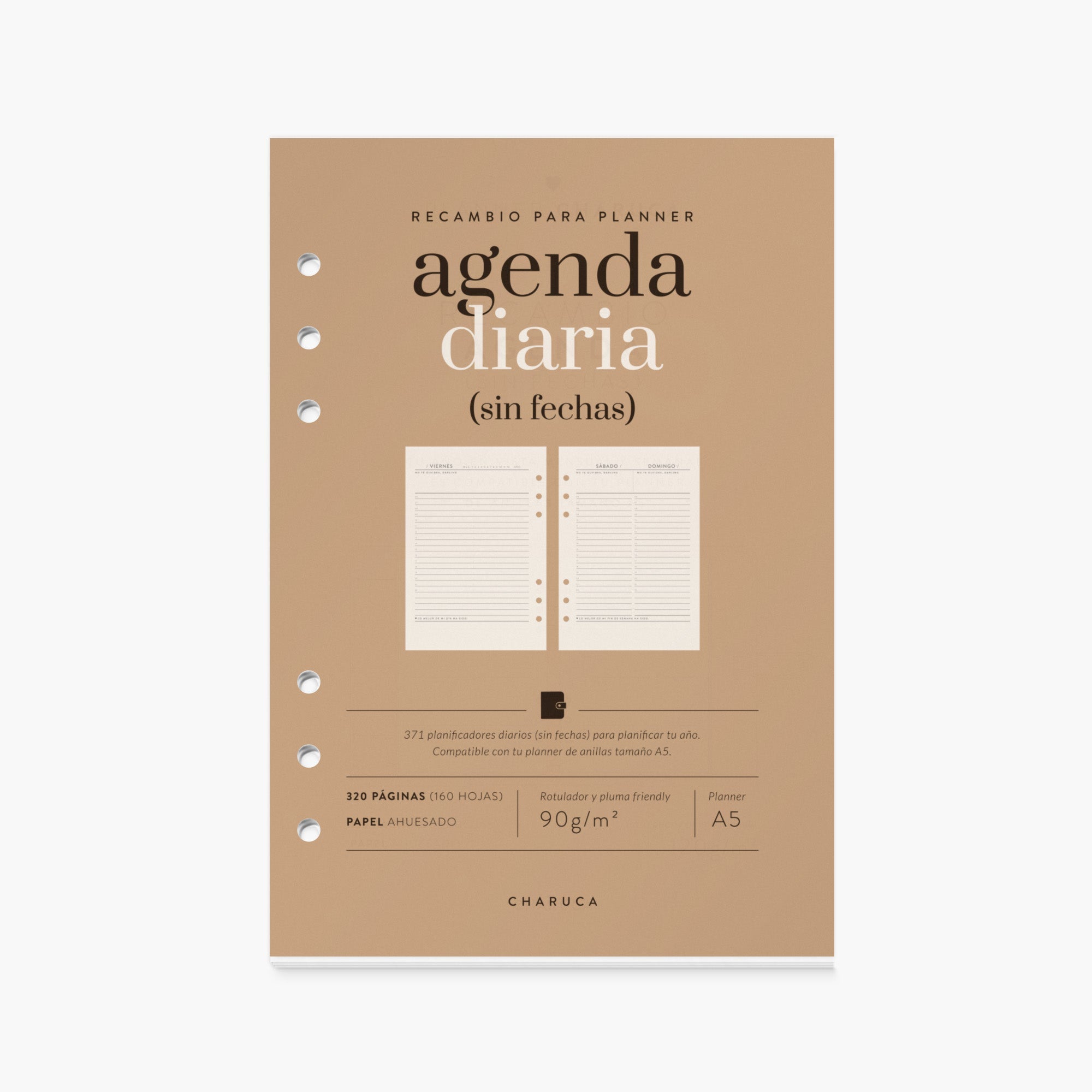 Recambio agenda vista diaria. Sin fechas. A5.