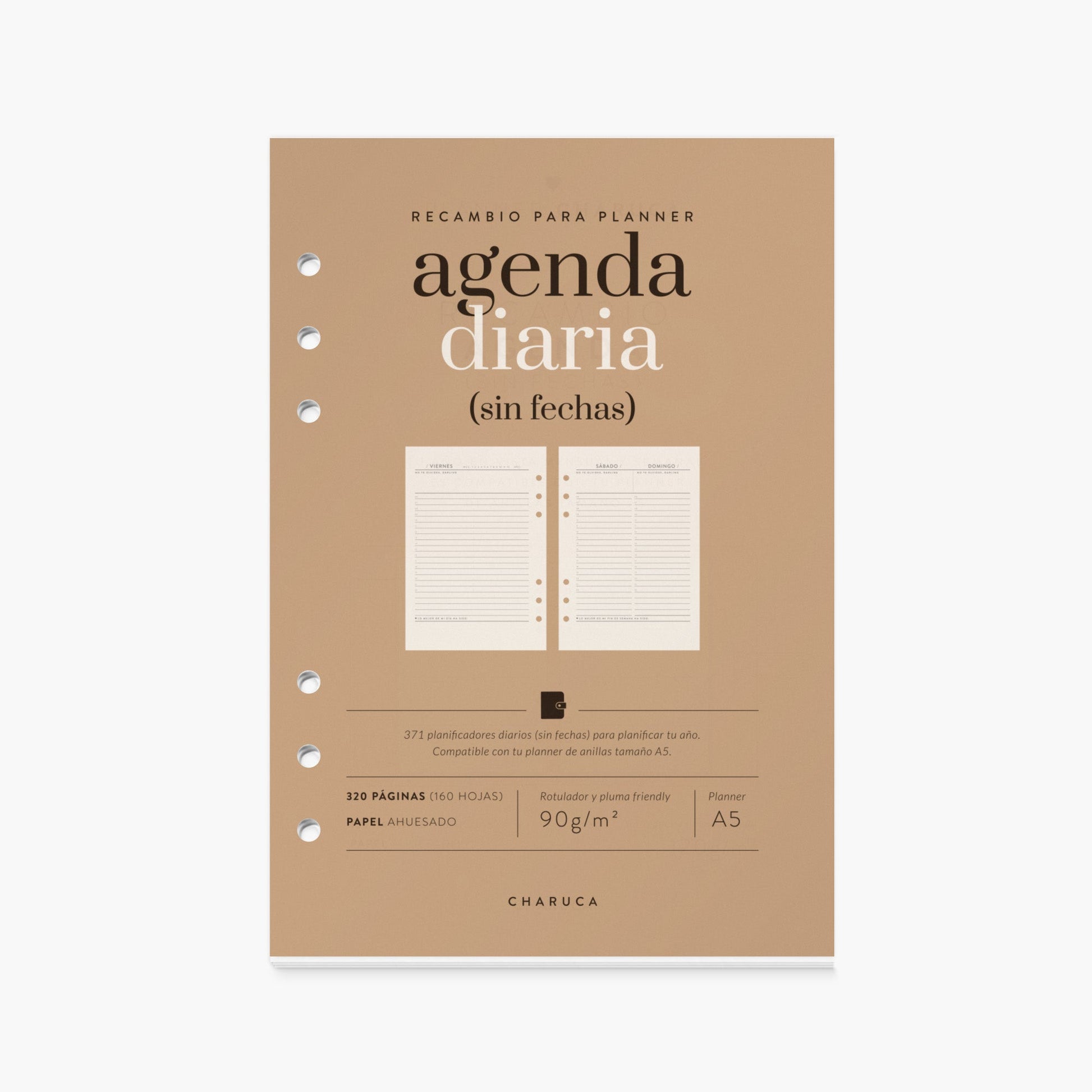 Recambio agenda vista diaria. Sin fechas. A5.