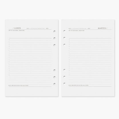 Recambio agenda vista diaria. Sin fechas. A5.