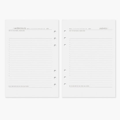 Recambio agenda vista diaria. Sin fechas. A5.