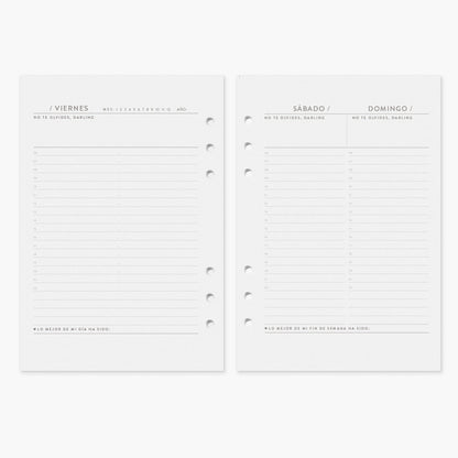 Recambio agenda vista diaria. Sin fechas. A5.